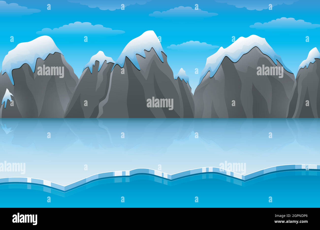 Dessin animé hiver paysage de glace arctique avec iceberg et montagnes enneigées rochers collines Illustration de Vecteur