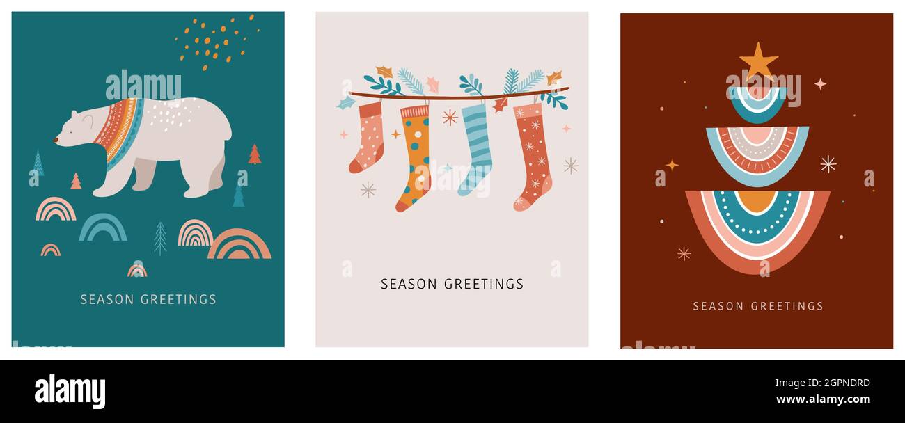 Collection Bohemian, Joyeux Noël. Motif et illustration de Noël tendance Vector. Arcs-en-ciel, décorations et éléments d'hiver nordiques Illustration de Vecteur