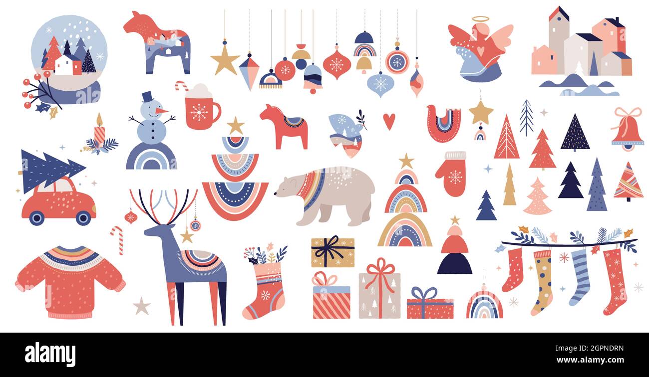 Collection Bohemian, Joyeux Noël. Motif et illustration de Noël tendance Vector. Arcs-en-ciel, décorations et éléments d'hiver nordiques Illustration de Vecteur