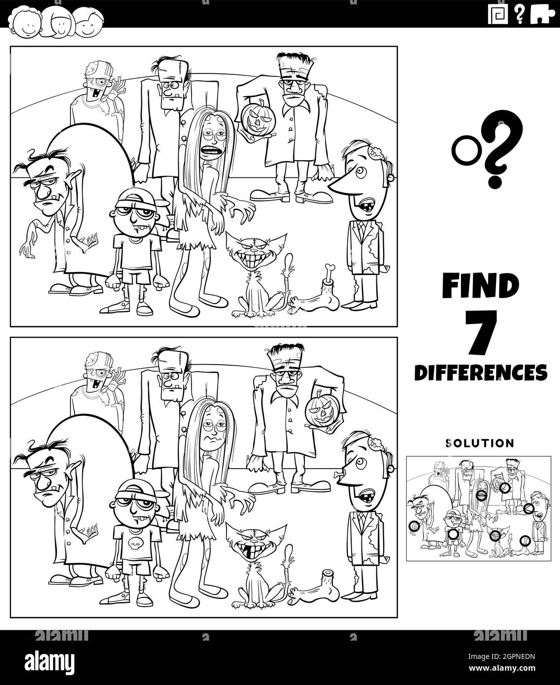 jeux de différences avec la page de livre de coloriage de zombies de dessin animé Illustration de Vecteur