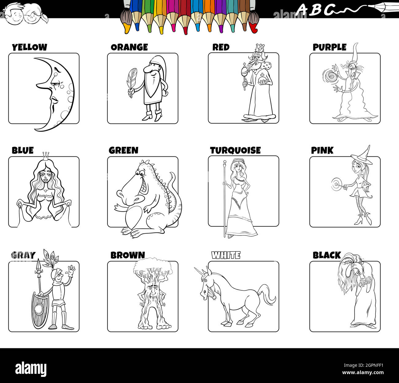 couleurs de base avec caractères fantaisie ensemble de coloriage page de livre Illustration de Vecteur