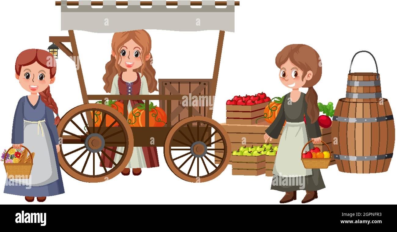 Villageois médiévaux à la boutique de fruits sur fond blanc illustration Illustration de Vecteur