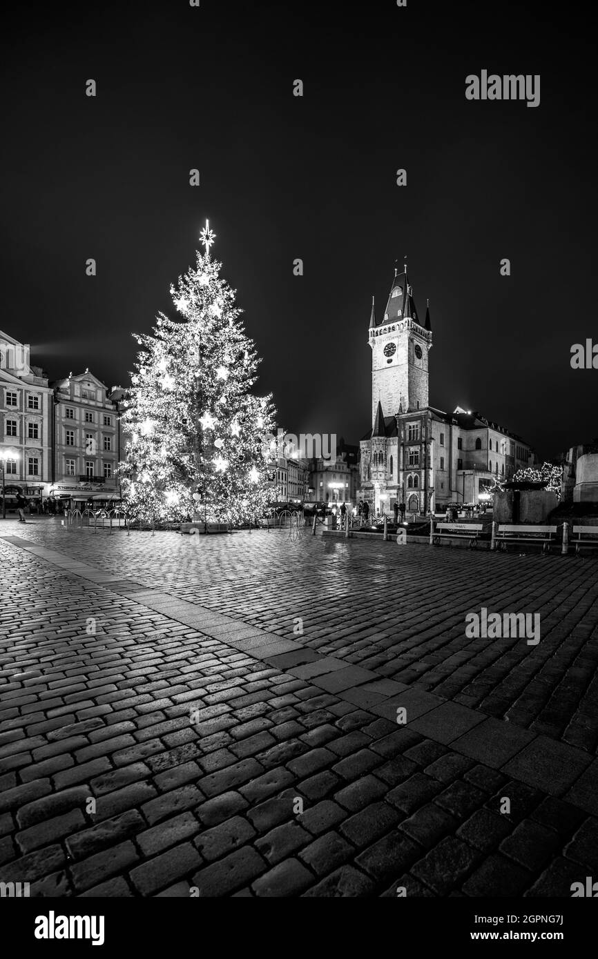 Noël à Prague. Arbre de Noël décoré et ancien hôtel de ville sur la place de la Vieille ville, Tchèque: Staromestske namesti, Prague, République Tchèque. Image en noir et blanc. Banque D'Images