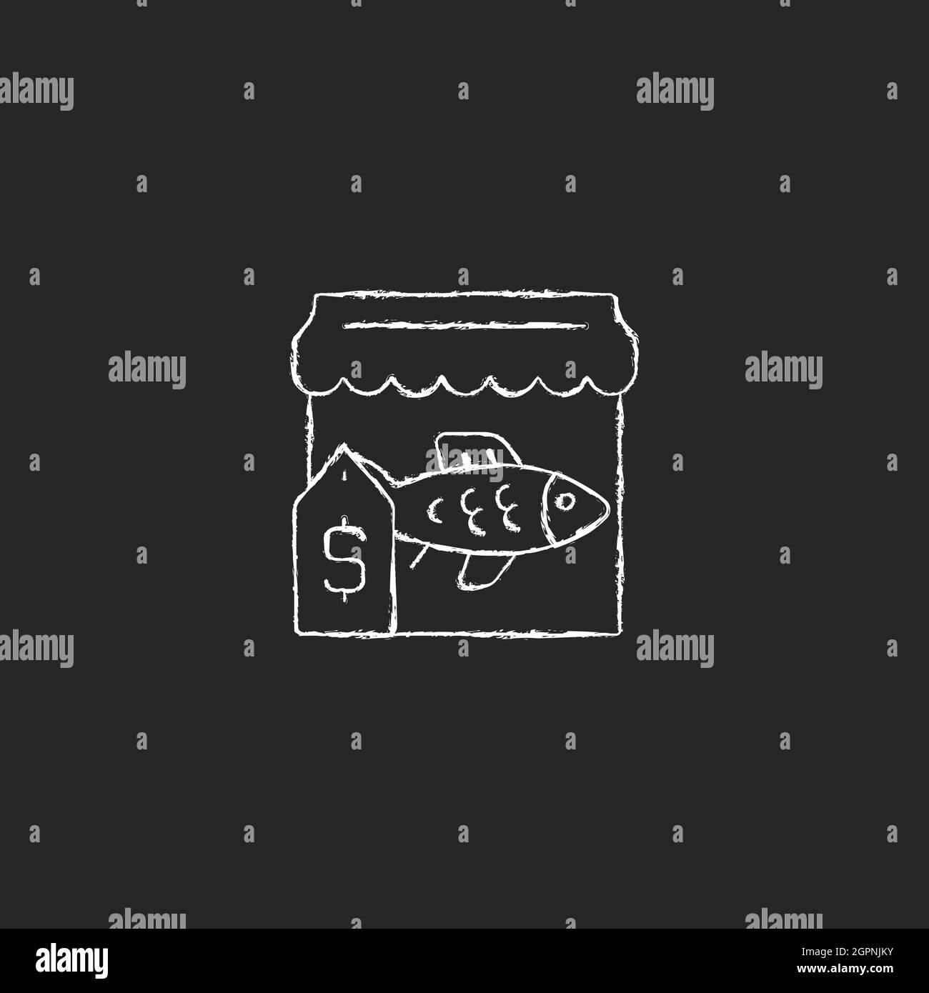 Icône blanche à la craie du marché du poisson sur fond sombre Illustration de Vecteur