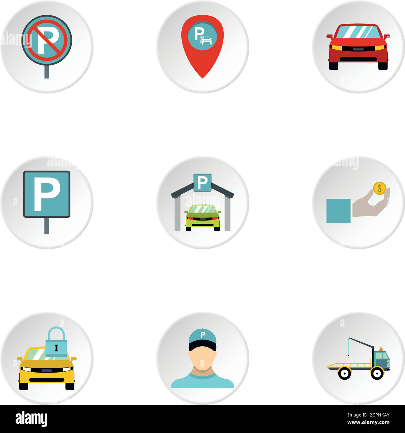 Les icônes de la zone de parking, jeu de style plat Illustration de Vecteur