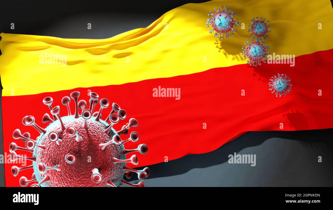 Covid à Lodz - coronavirus attaquant un drapeau de la ville de Lodz comme symbole d'un combat et de la lutte contre la pandémie de virus dans cette ville, illustration 3d Banque D'Images