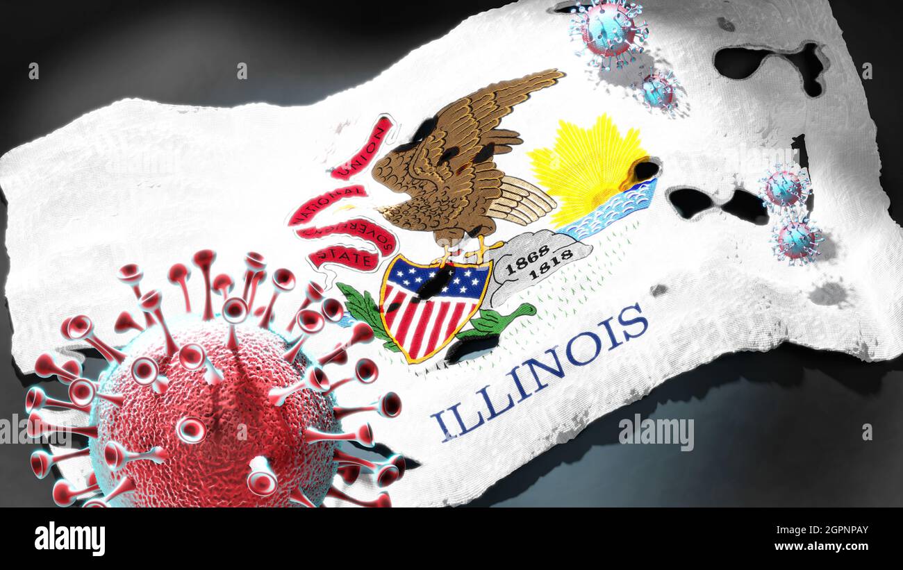 Covid dans l'Illinois - coronavirus attaquant un drapeau d'état de l'Illinois comme un symbole d'un combat et de lutte contre la pandémie de virus dans cet état, 3d illus Banque D'Images