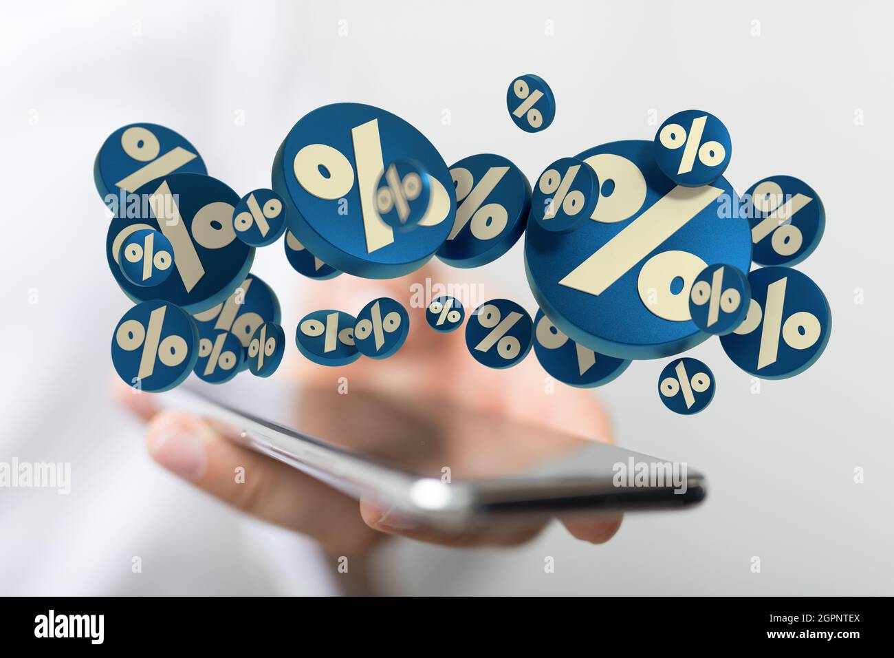 rendu 3d des symboles de pourcentage beige sur les cercles bleus au-dessus d'un smartphone dans une main Banque D'Images
