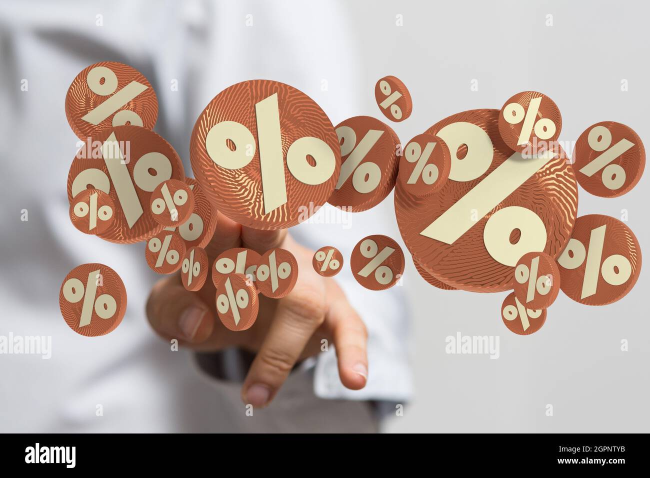 rendu 3d des symboles de pourcentage beige sur les cercles bruns touchés par une main sur un fond blanc Banque D'Images