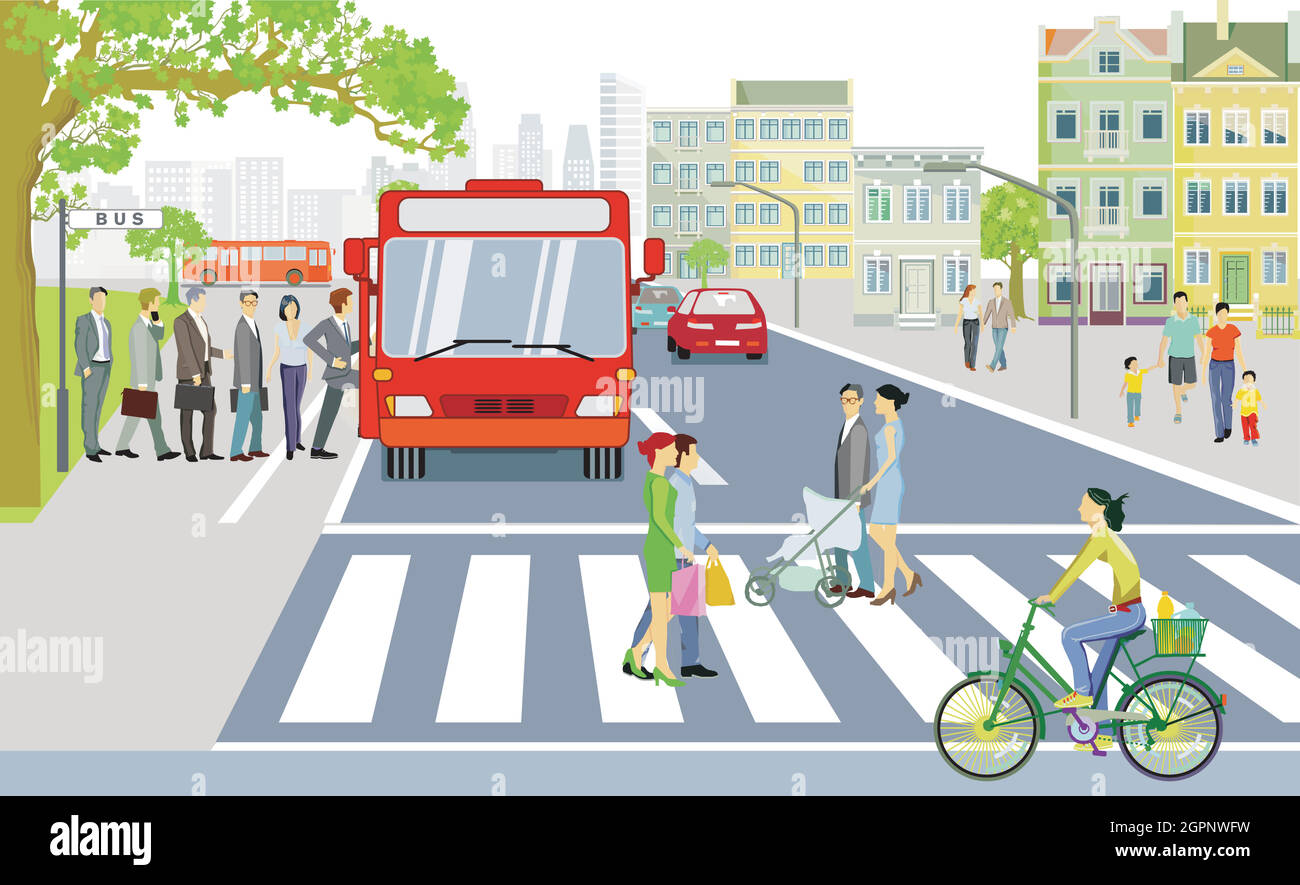 Circulation routière avec arrêt de bus, piétons sur le passage à Zébra ...