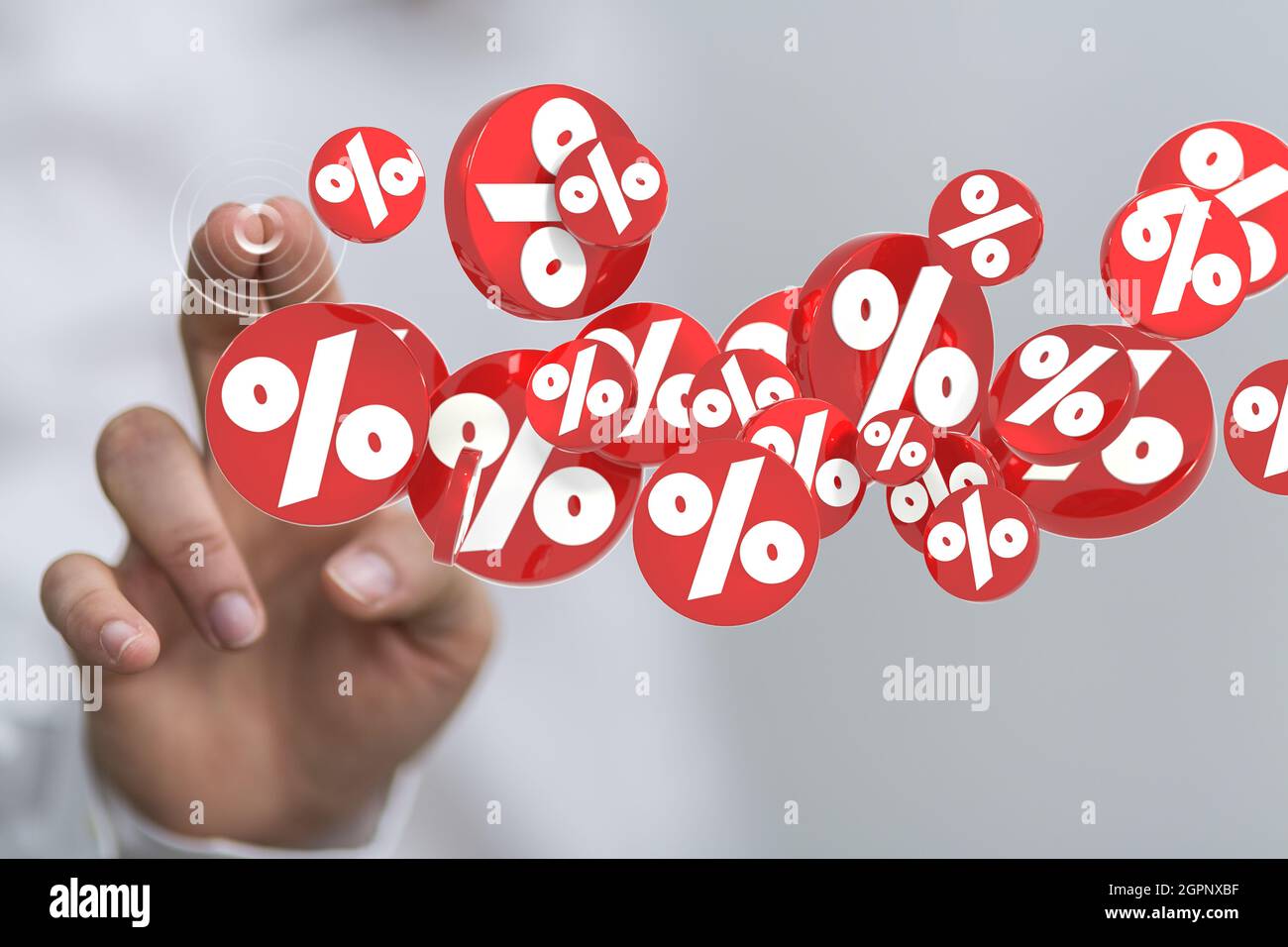 rendu 3d des symboles de pourcentage blancs sur les bureaux circulaires rouges sur fond blanc Banque D'Images