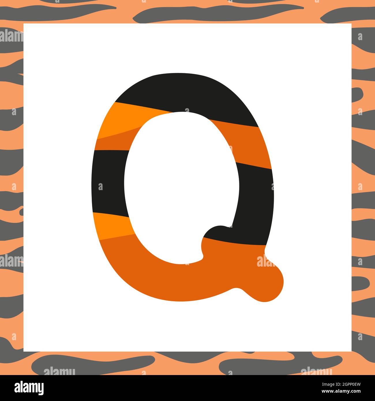 Lettre Q avec motif tigre. Police et cadre de fête orange avec bandes noires, alphabet, symbole pour le nouvel an et Noël Illustration de Vecteur
