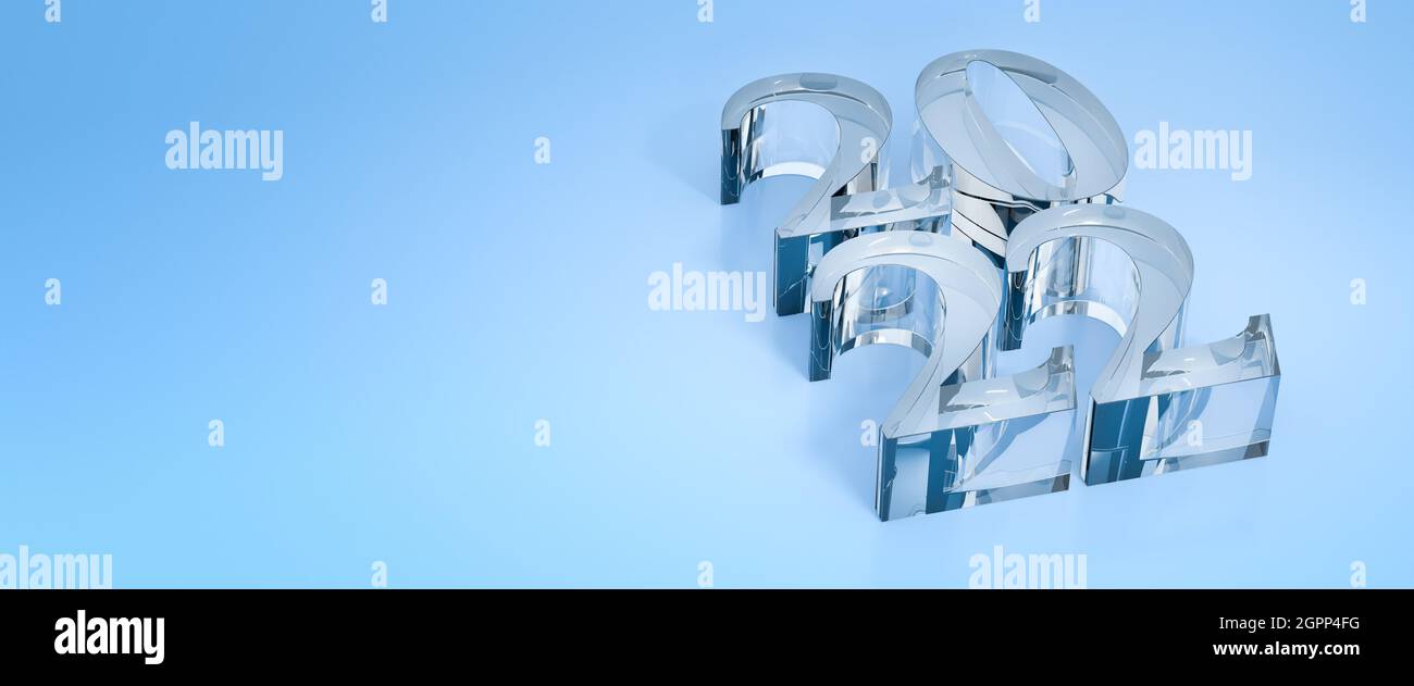 Chiffres en acrylique 2022 sur fond bleu. Concept de la nouvelle année 2022. Format de bannière Web Banque D'Images