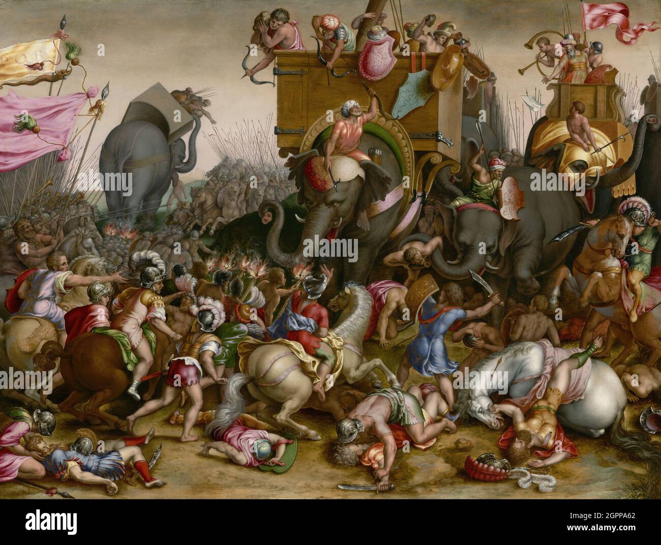 La bataille de Zama, après 1567. [La bataille de Zama a été menée en 202 av. J.-C. près de Zama, (en Tunisie d'aujourd'hui). Les Carthaginois dirigés par Hannibal ont été battus par l'armée romaine sous Publius Cornelius Scipio]. Banque D'Images