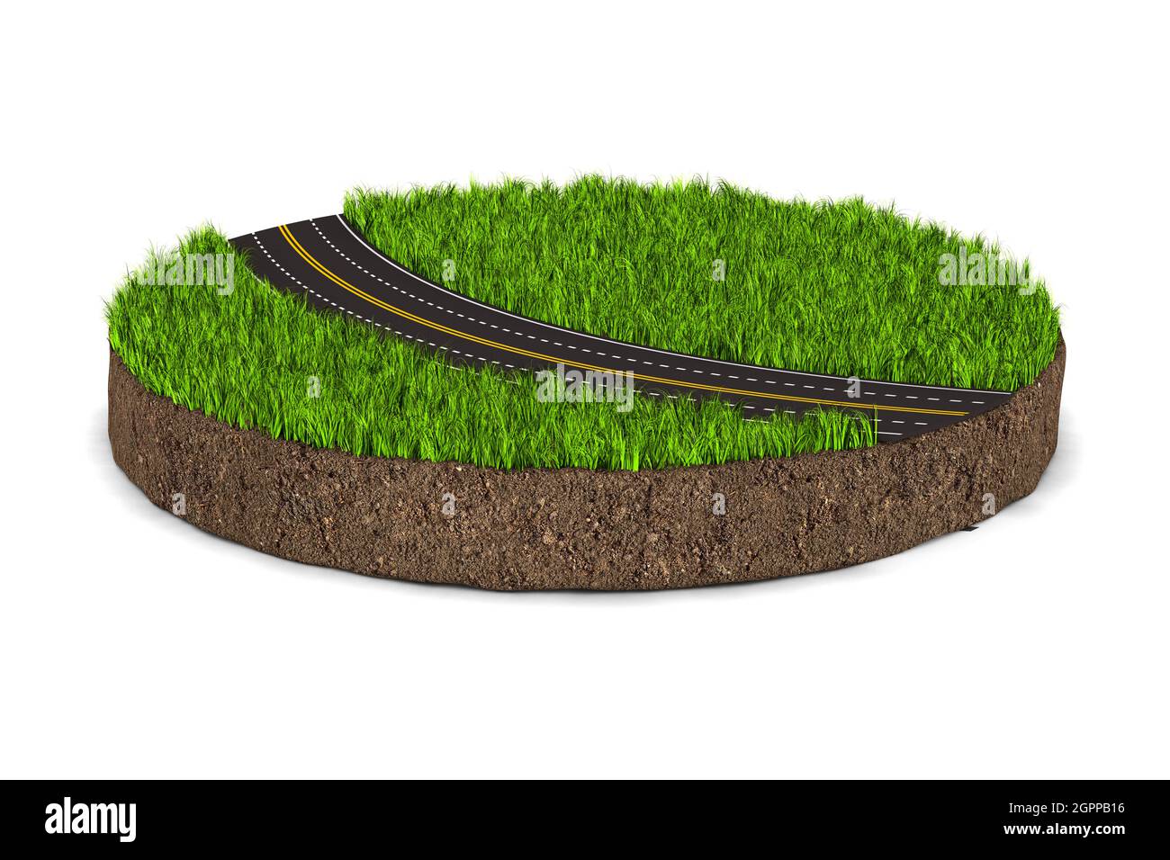 route et sol rond avec herbe verte sur fond blanc. Illustration 3D isolée Banque D'Images