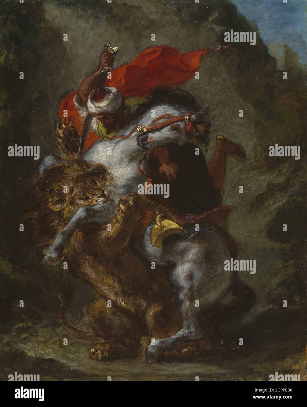 Horseman arabe attaqué par un Lion, 1849/50. Banque D'Images