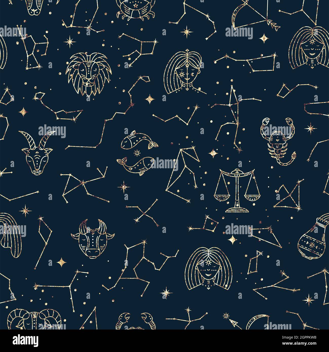 Modèle sans couture astrologique avec signes du zodiaque, étoiles et constellations. Texture de la feuille d'or Banque D'Images