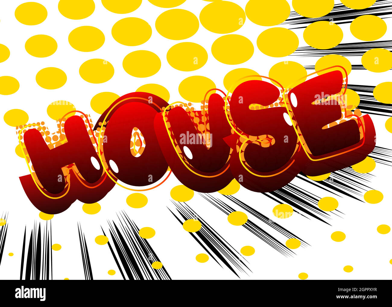 House - mot de bande dessinée sur fond pop art coloré. Illustration de Vecteur