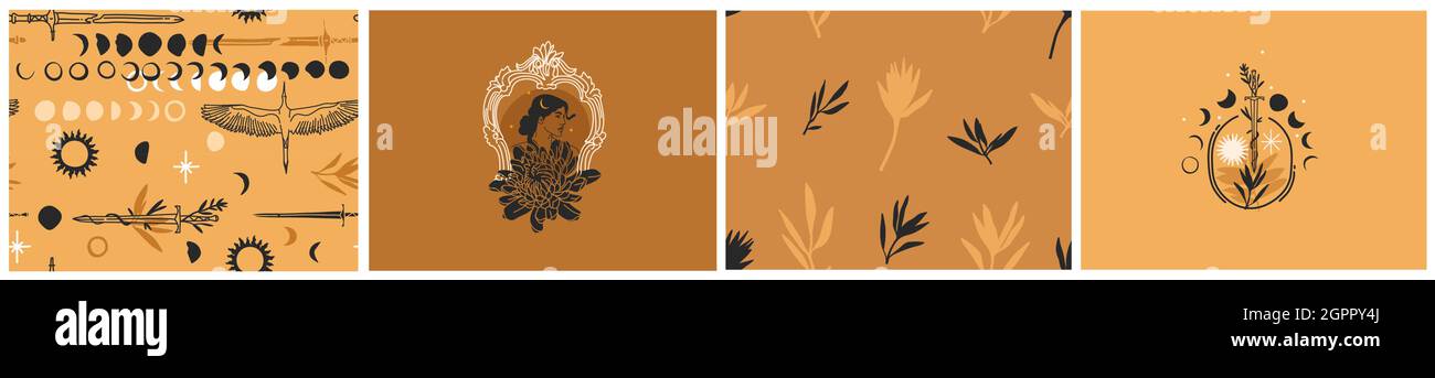 Dessin à la main vecteur résumé plat graphique illustration collection de motifs sans couture ensemble avec astrologie magique Astro phases de lune d'or céleste, soleil et Illustration de Vecteur