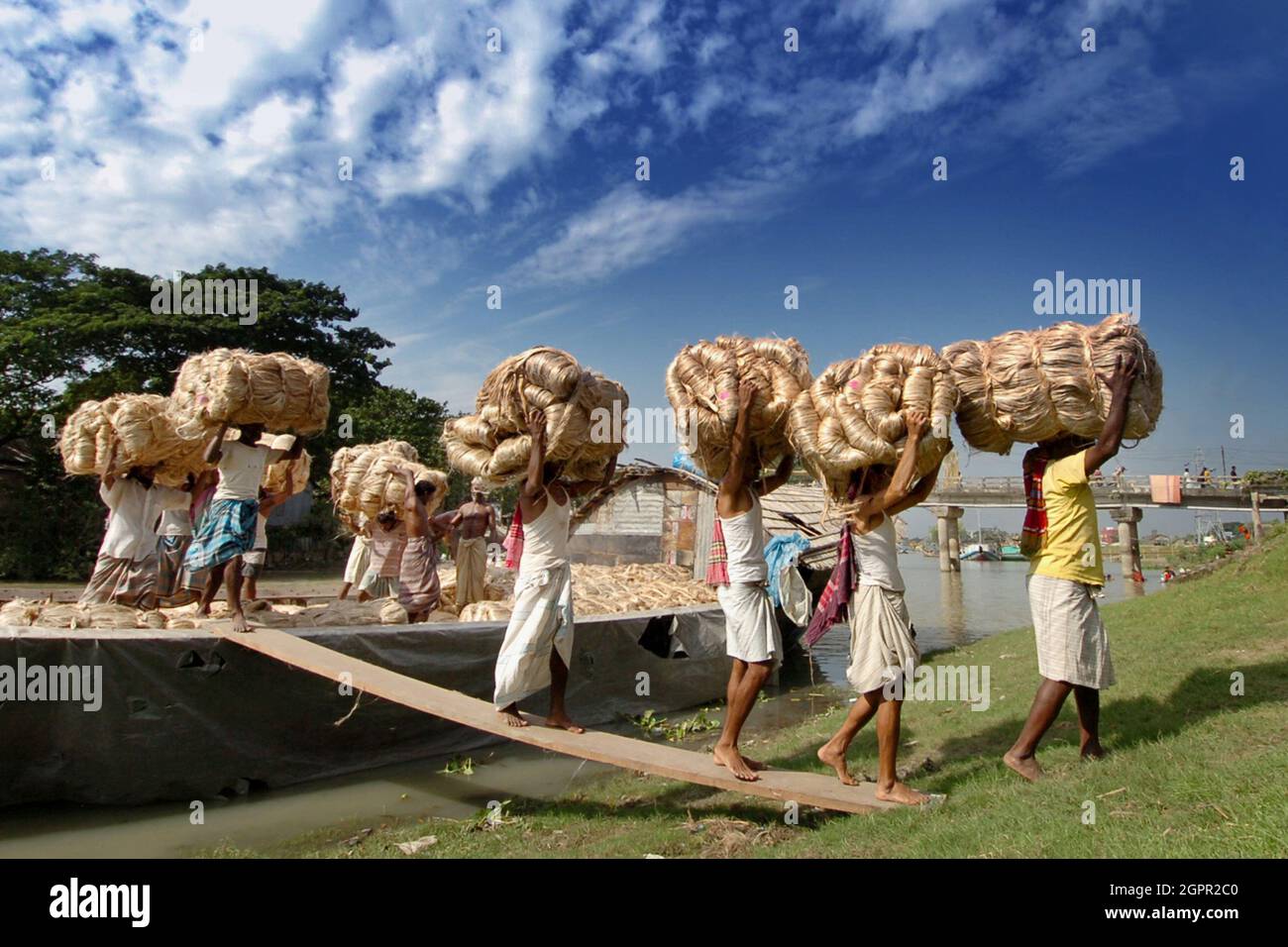 Narayanganj, Bangladesh - 31 octobre 2005 : les travailleurs emportent des fibres de jute naturelles à l'usine à partir d'un bateau sur les rives de la rivière Shitalakshya à Nar Banque D'Images