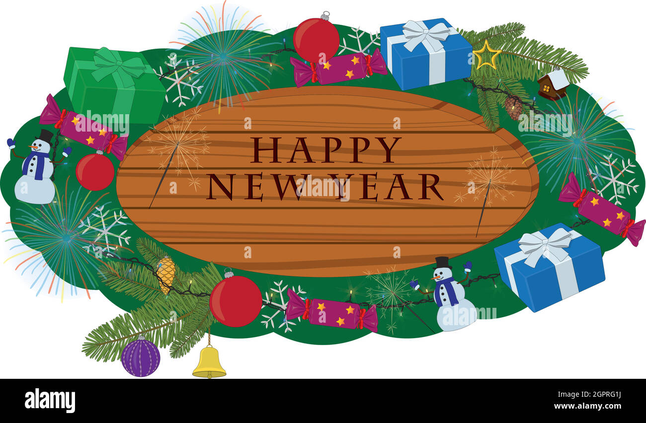 Panneau en bois de la nouvelle année joyeuse décoré avec des éléments de fête illustration vectorielle Illustration de Vecteur