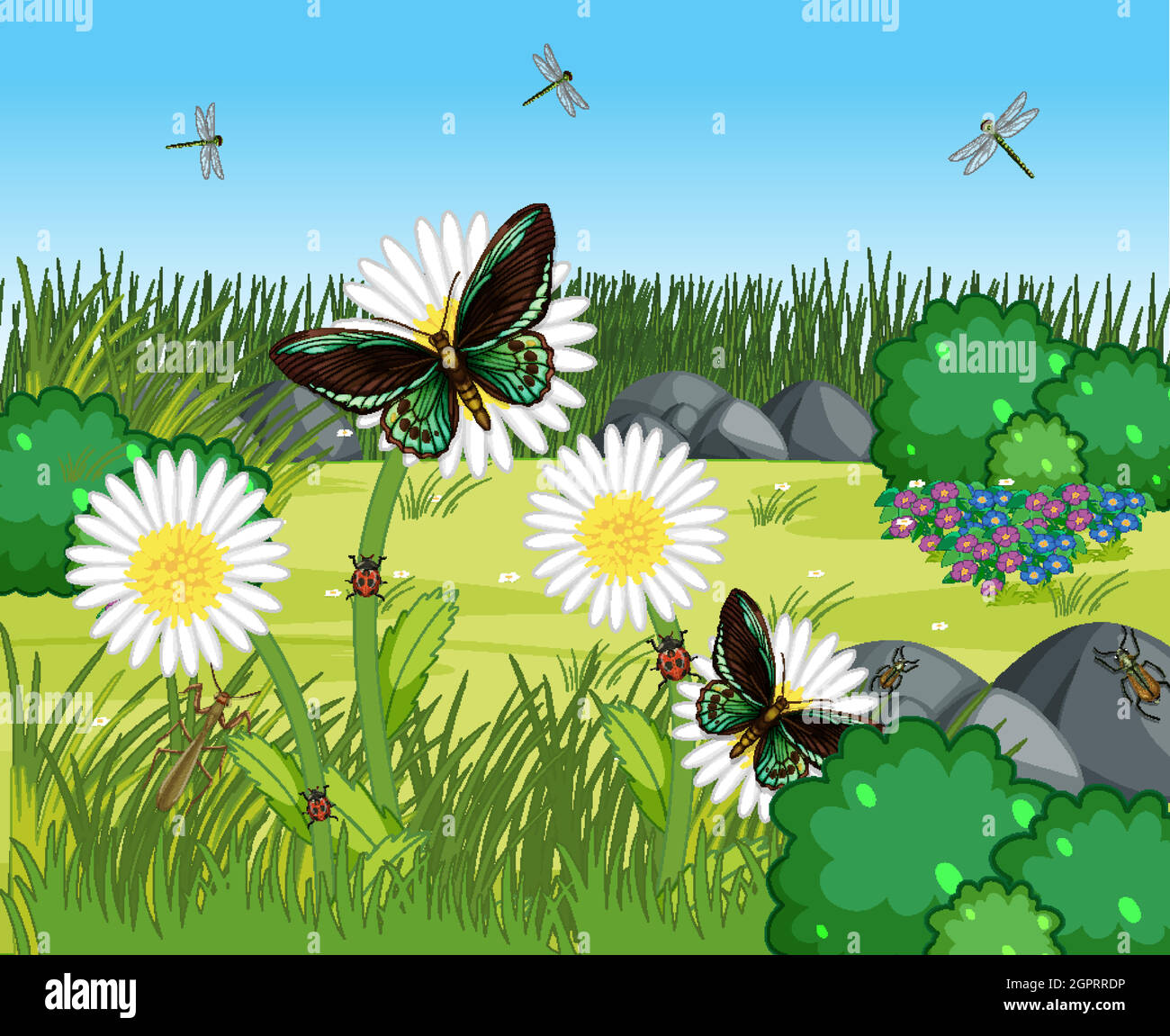 Beaucoup de papillons avec beaucoup de fleurs dans la scène de jardin Illustration de Vecteur