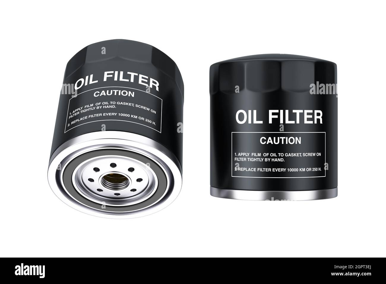 Filtre à huile pour voiture neuve dans un boîtier noir sur fond blanc. Rendu 3d Banque D'Images