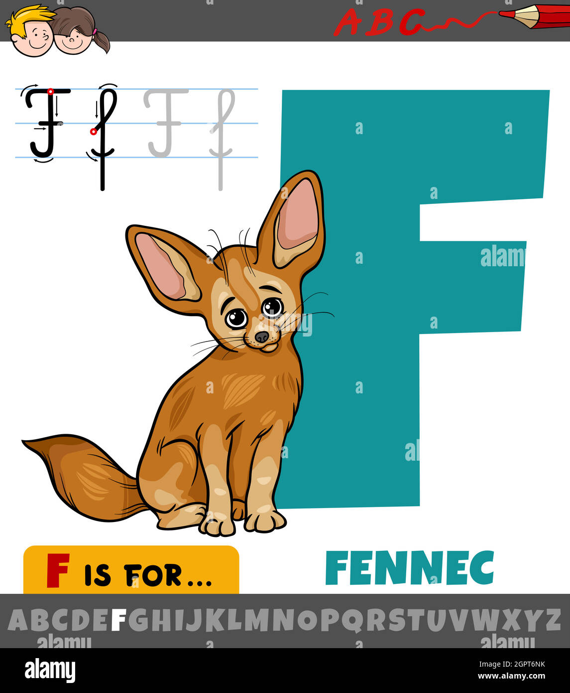 Lettre F de l'alphabet avec personnage animal de dessin animé fennec Illustration de Vecteur