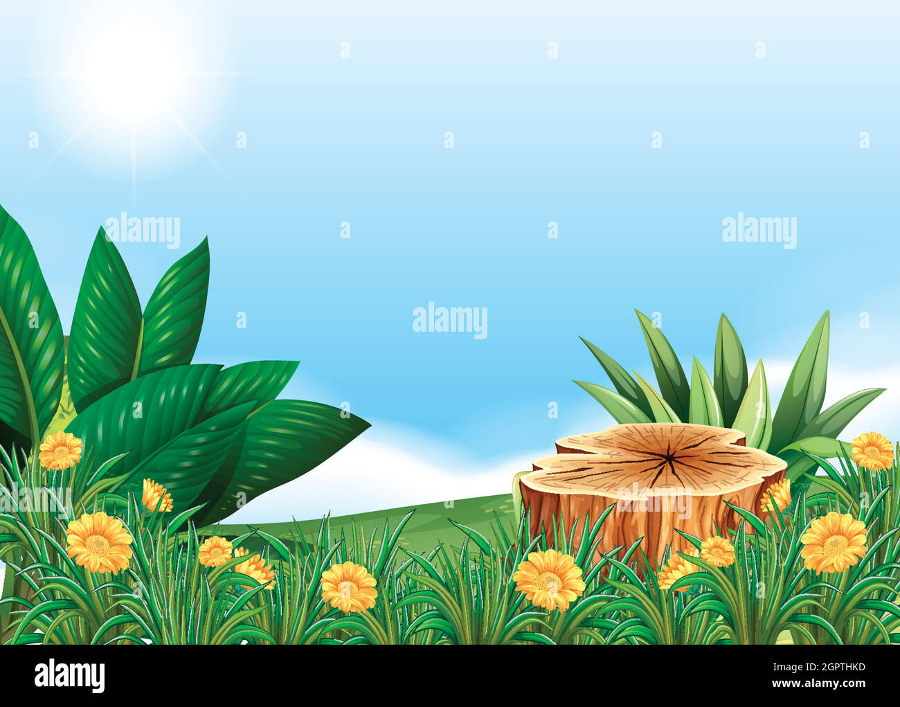 Scène avec arbre de souche dans champ de fleur Illustration de Vecteur