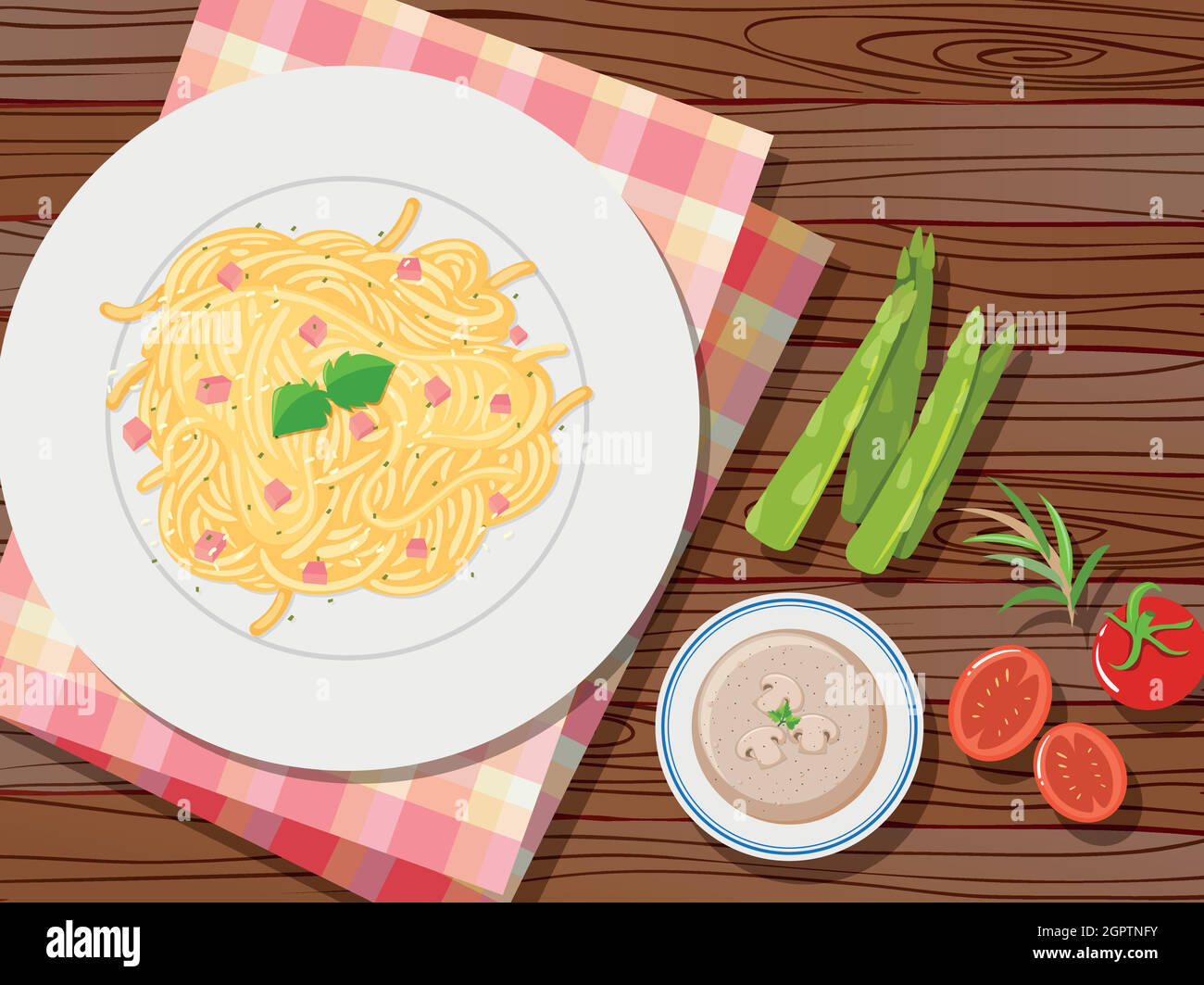 Spaghetti et soupe sur la table Illustration de Vecteur