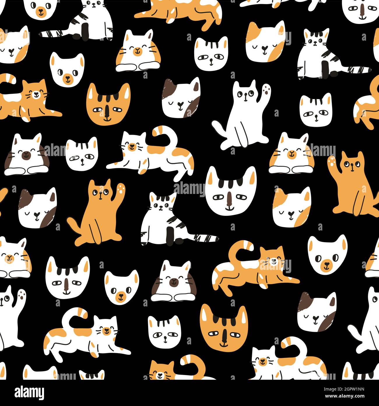 Joli motif amusant sans couture de chats ou de chatons sur fond noir. Illustration vectorielle des animaux domestiques. Peut être utilisé pour les livres pour enfants ou comme prin Illustration de Vecteur