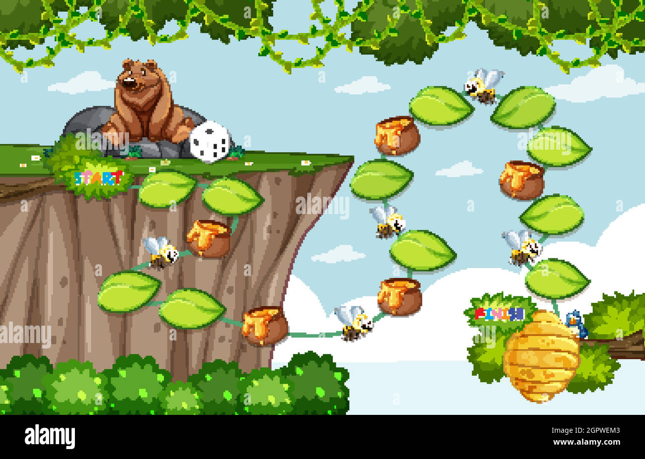 Modèle de jeu avec ours grizzli et abeille sur fond de forêt Illustration de Vecteur