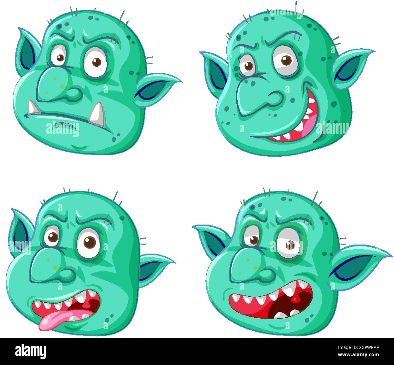 Ensemble de goblin vert ou de troll face dans différentes expressions dans le style de dessin animé isolé Illustration de Vecteur