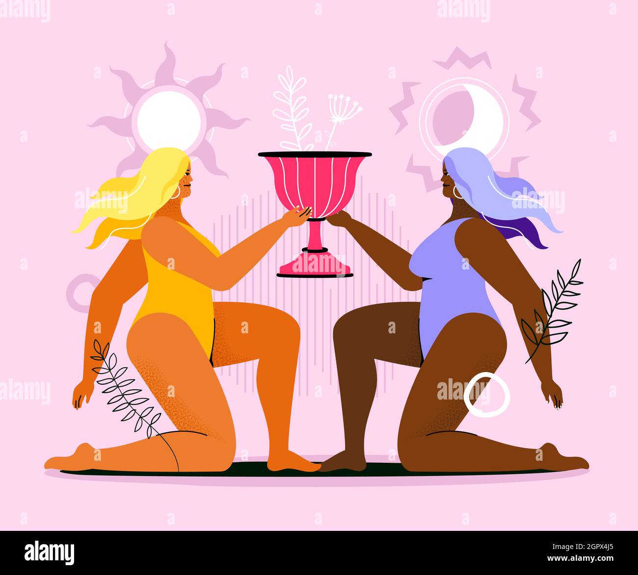 De jour comme de nuit - illustration de style plat coloré avec un personnage de dessin animé. Deux belles femmes en maillots de bain tenant un grand bol rose. Équilibre Illustration de Vecteur