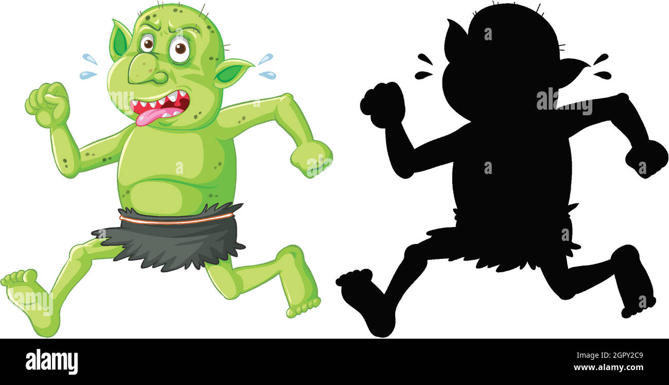 Gobelin ou troll en couleur et silhouette en personnage de dessin animé sur fond blanc Illustration de Vecteur
