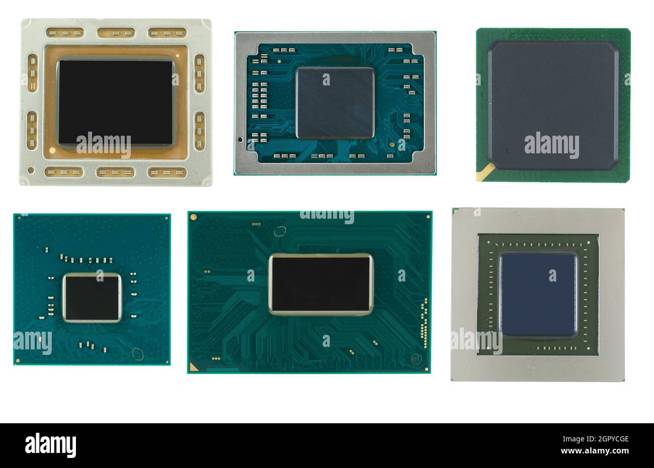 Microcircuits, processeurs, composants électroniques, sur fond blanc isolé Banque D'Images