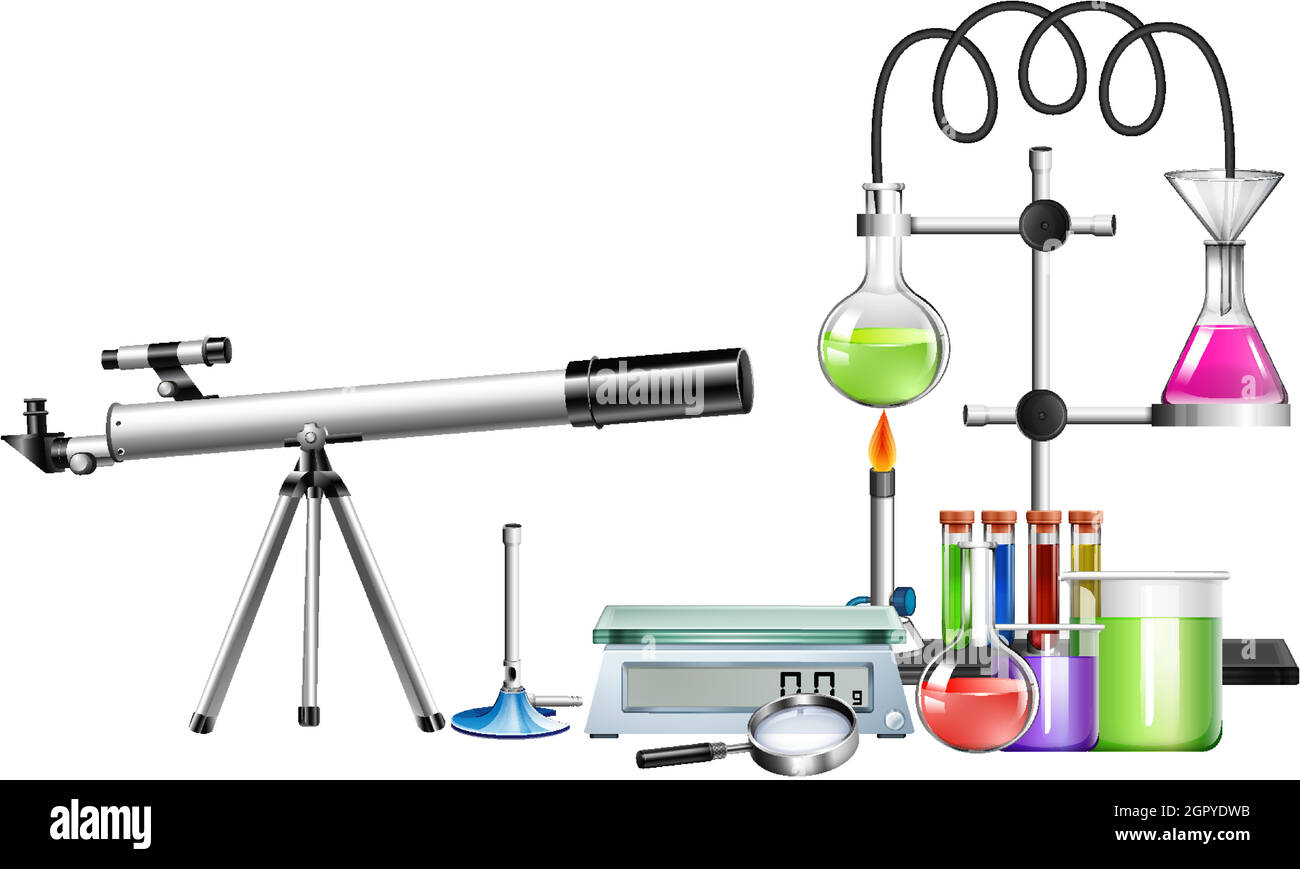 Ensemble d'équipements scientifiques sur fond blanc Illustration de Vecteur