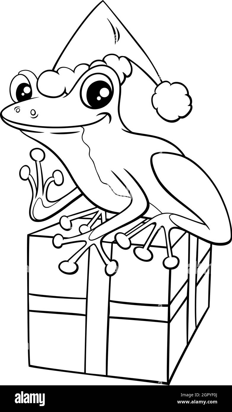 Dessin animé noir et blanc illustration de l'arbre grenouille caractère animal avec présent sur la page de livre de coloriage de l'heure de Noël Illustration de Vecteur