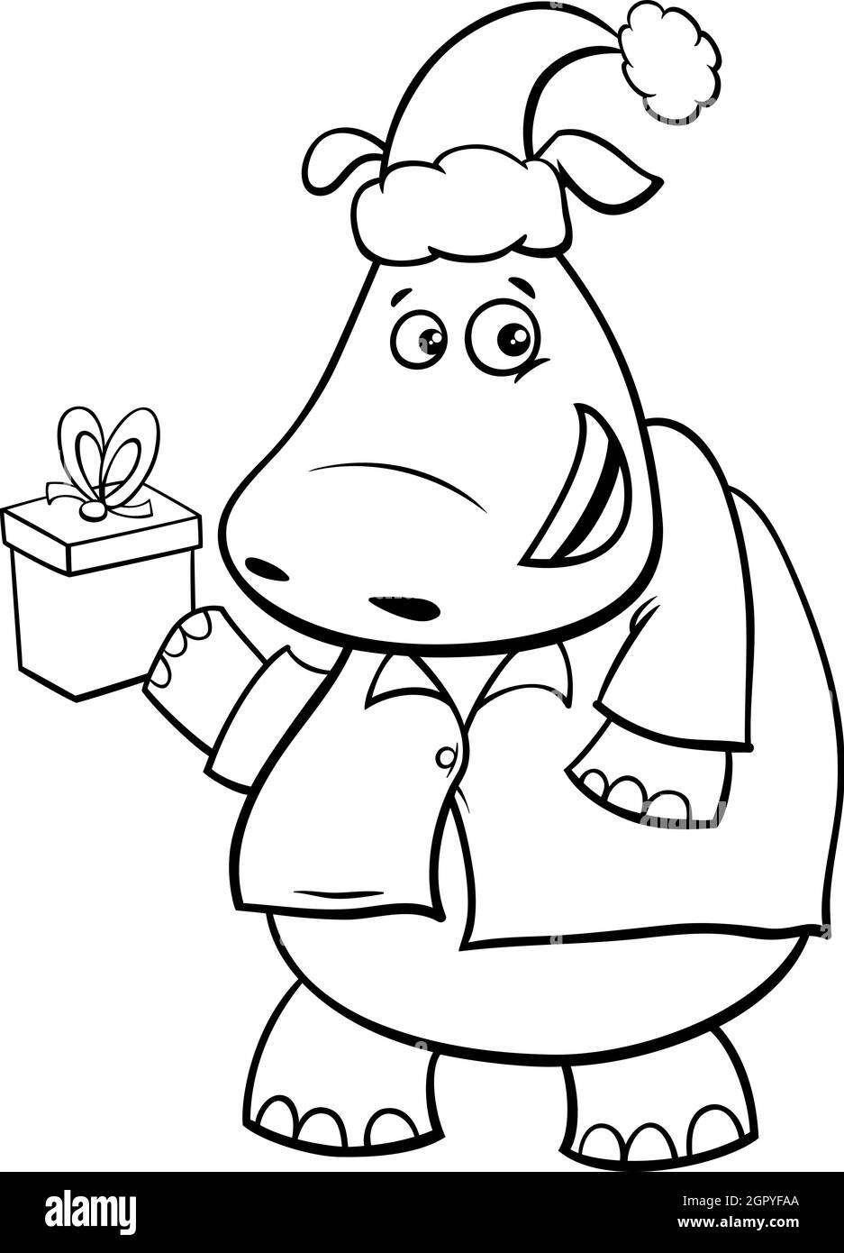 Dessin animé noir et blanc illustration du caractère animal hippopotame avec présent sur la page de livre de coloriage de Noël Illustration de Vecteur