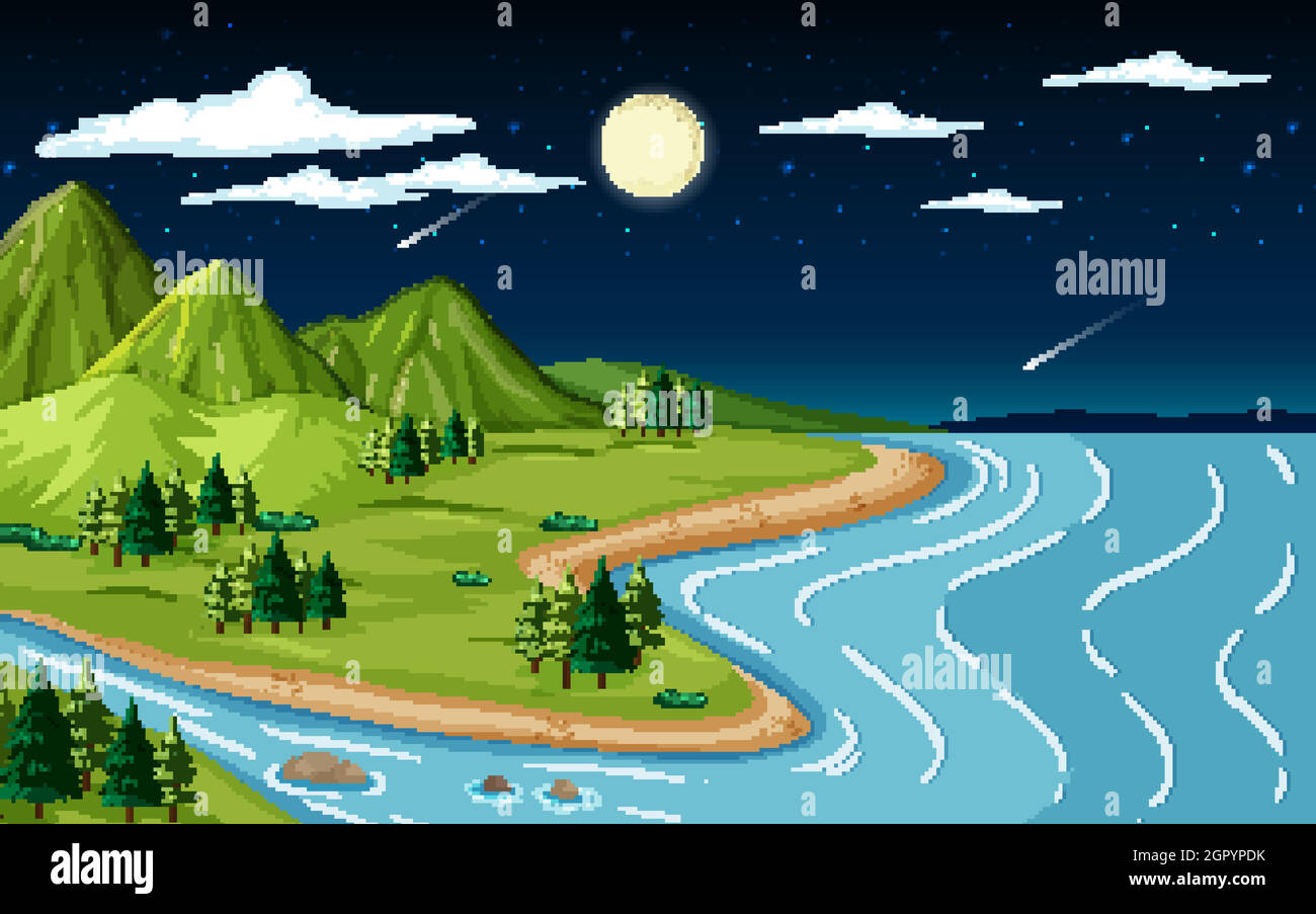 Paysage de la nature scène avec montagne et rivière la nuit Illustration de Vecteur