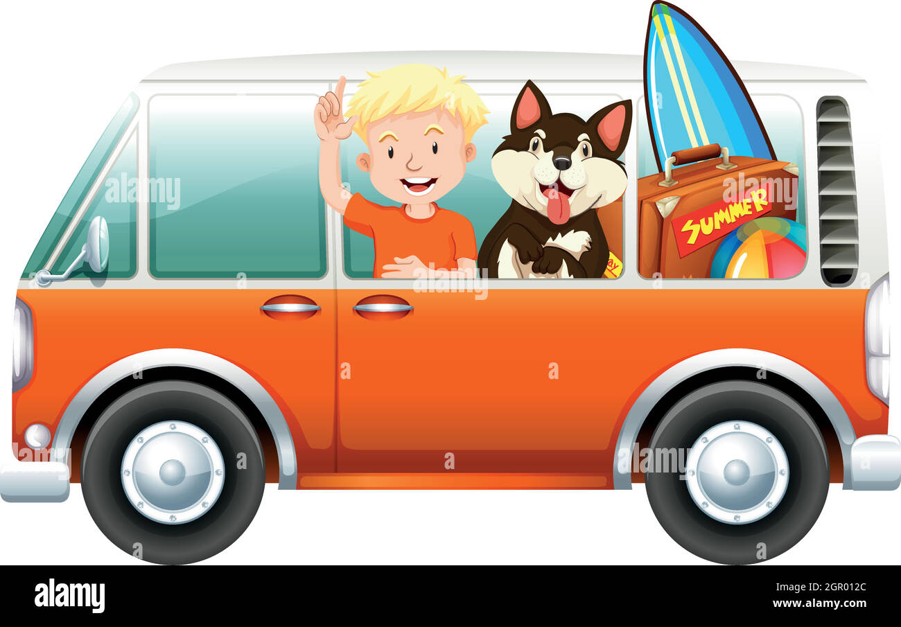 Garçon et chien dans une camionnette de camping Illustration de Vecteur