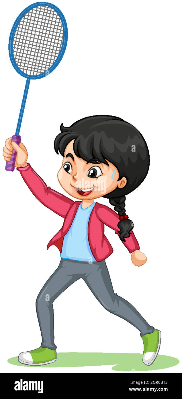 Adorable fille jouant badminton personnage de dessin animé isolé Illustration de Vecteur