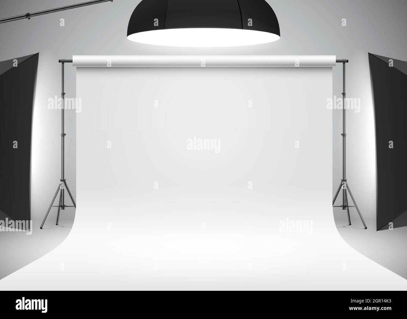 Studio photo sur fond blanc éclairé avec des softbox latéraux et de tête. Configuration de prise de vue professionnelle avec lumières studio, illustration vectorielle réaliste. Maquette de scène de photographie de studio. Illustration de Vecteur