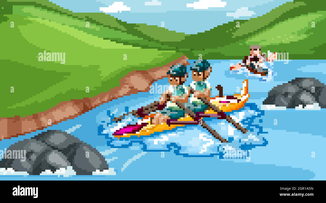 Scène avec des gens en bateau à ramer dans la rivière Illustration de Vecteur