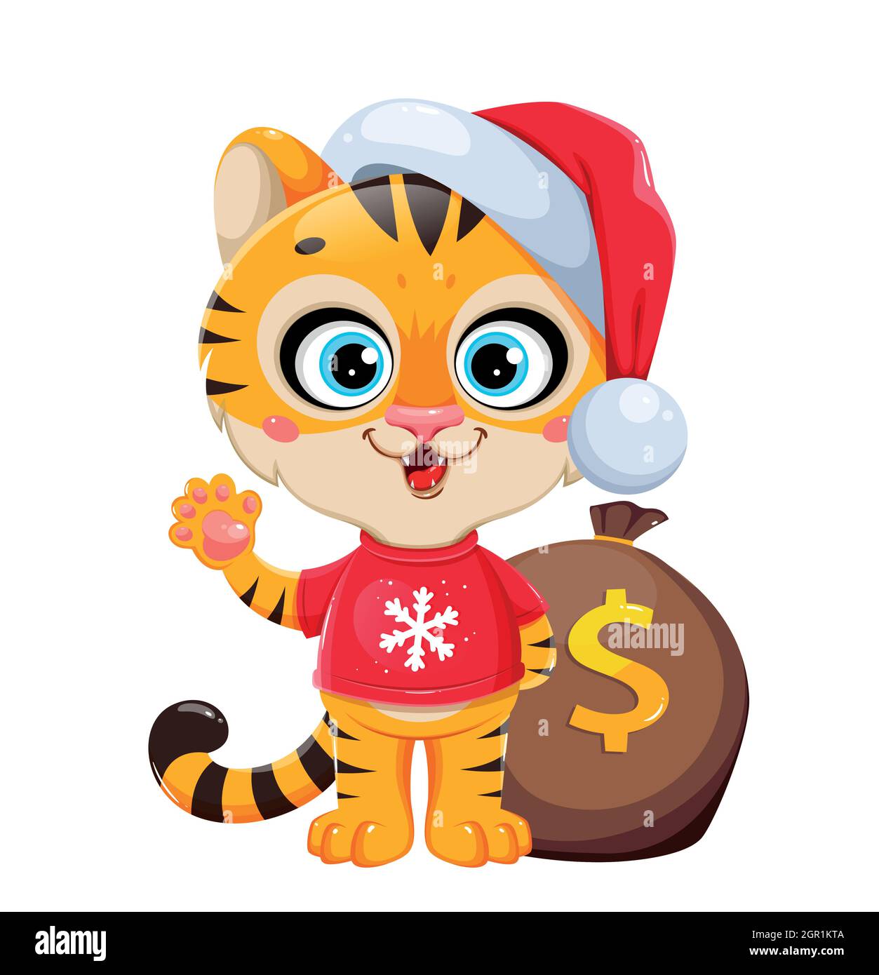 Joyeux Noël. Joli personnage de dessin animé tigre dans chapeau de père Noël debout près du sac plein d'argent. Illustration du vecteur de stock Illustration de Vecteur