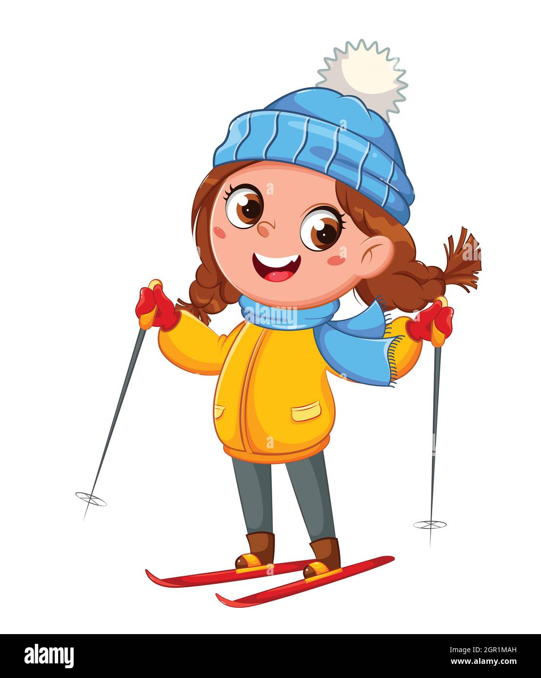 Ski pour enfants, adorable personnage de dessin animé de fille de skieur, sport d'hiver. Concept Hello Winter. Illustration vectorielle sur fond blanc Illustration de Vecteur