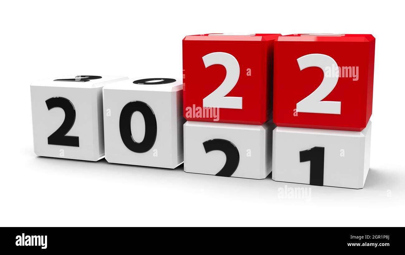 Cubes blancs avec 2021-2022 changements sur une table blanche représente la nouvelle année 2022, rendu tridimensionnel, illustration 3D Banque D'Images