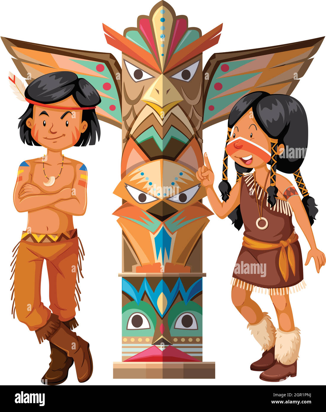 Deux Américains natifs et totem pôle Illustration de Vecteur