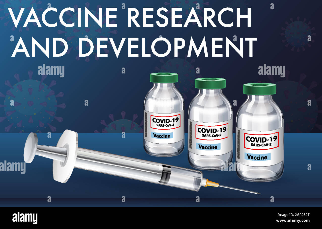 Recherche et développement de vaccins pour le covid-19 ou le coronavirus affiche ou bannière avec une seringue médicale avec aiguille Illustration de Vecteur