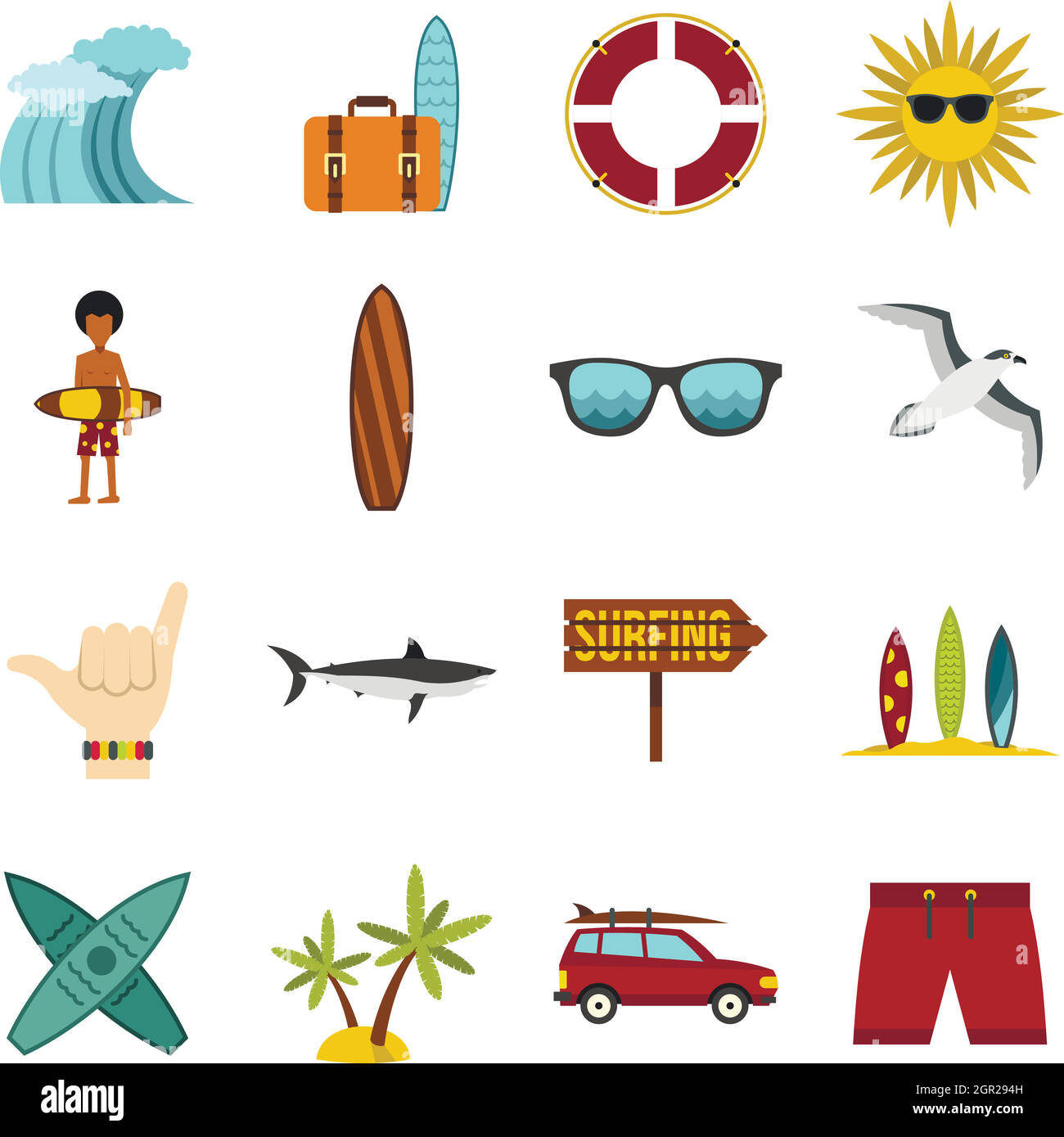 Icônes surf, jeu style plat Illustration de Vecteur